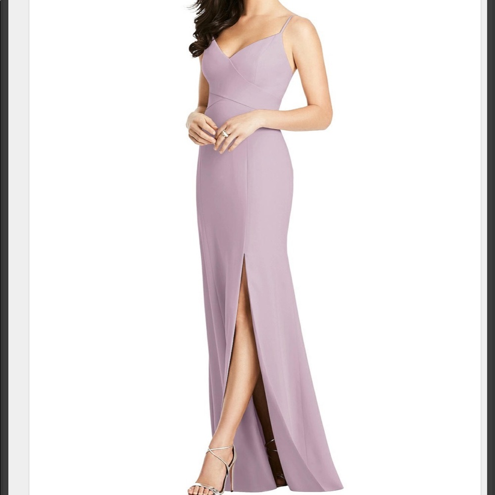 Dessy Seamed Bodice Crepe Trumpet Gown with Front Slit in Suede Rose Size 6